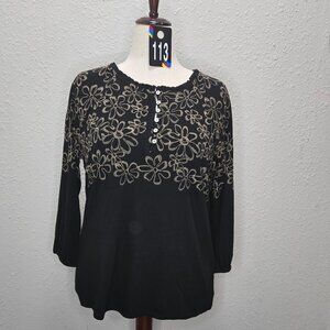J Jill Womens  Black and Brown Embroidered Blouse Cotton and Tencel Size Medium